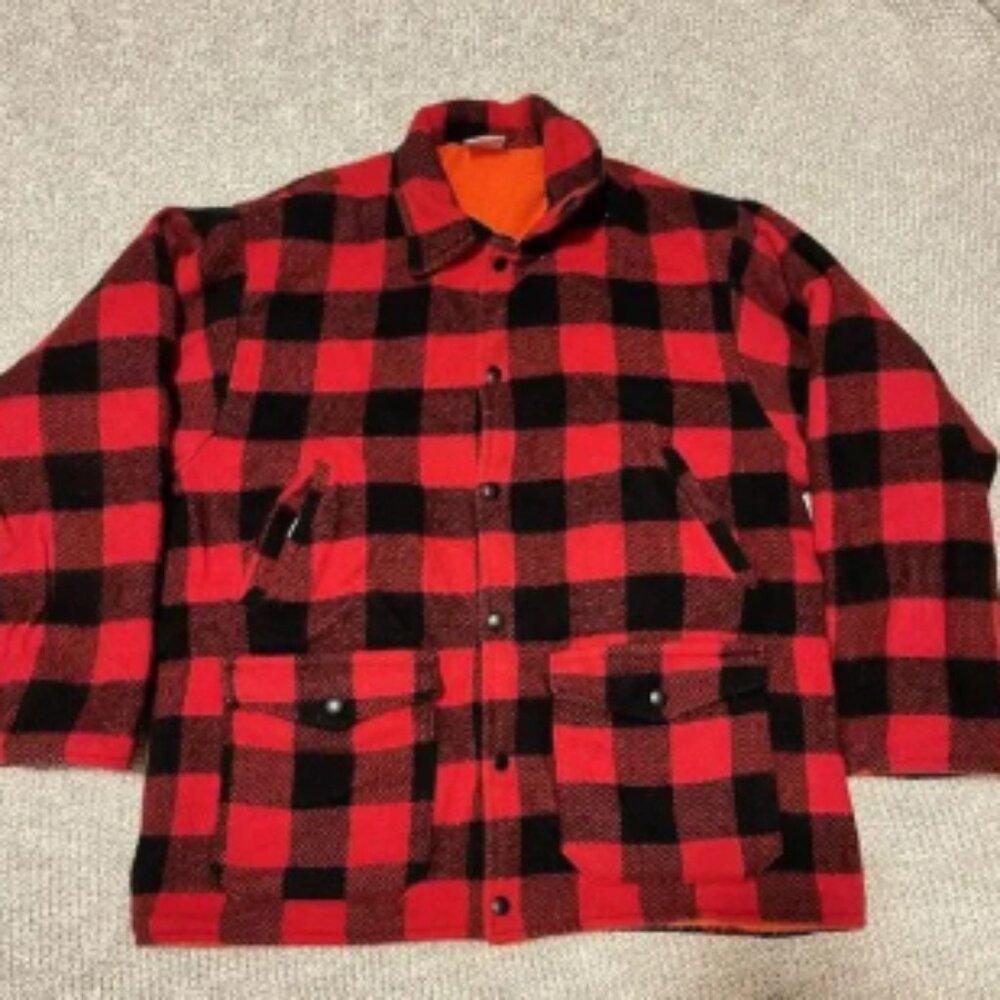Vintage‎ Codet Red Black Buffalo Wool Plaid Orange Reversible Hunting Jacket Lg